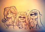  3girls breasts clenched_hand closed_eyes commentary_request dated hybrid if_they_mated inkling large_breasts monochrome multiple_girls one_eye_closed open_hand shirt smile sneer splatoon t-shirt takozonesu tank_top tentacle_hair v yuta_agc 
