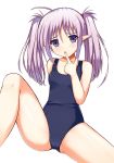  1girl bare_shoulders collarbone finger_to_mouth jangif long_hair looking_at_viewer pointy_ears primula school_swimsuit shuffle! silver_hair simple_background sitting solo spread_legs swimsuit thighs twintails violet_eyes white_background 