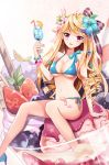  1girl bikini blonde_hair blueberry breasts cleavage drink flower food fruit hair_flower hair_ornament heart ice_cream long_hair original parfait pink_eyes solo star strawberry swimsuit yuja 