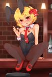  1girl animal_ears ass bare_arms bare_shoulders blonde_hair blurry blush brown_legwear bunnysuit detached_collar fake_animal_ears full-face_blush full_body hair_ribbon head_tilt highleg highres indoors looking_at_viewer mary_janes necktie pantyhose rabbit_ears red_eyes ribbon rumia shoes short_hair sitting smile solo tokoya_(ex-hetare) tongue tongue_out touhou wrist_cuffs 