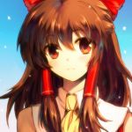  1girl ascot bare_shoulders blush bow brown_eyes brown_hair commentary_request hair_bow hair_tubes hakurei_reimu long_hair looking_at_viewer lowres onimaru_gonpei portrait red_bow solo star touhou 