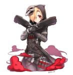  1girl armor armored_dress artist_request belt black_clothes blonde_hair claws commentary_request cosplay gun hood idolmaster idolmaster_cinderella_girls mask overwatch piercing reaper_(overwatch) reaper_(overwatch)_(cosplay) red_eyes shirasaka_koume short_hair shotgun smoke solo spiked_gauntlets weapon 