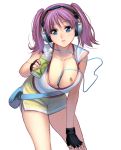  1girl bag bandaid bangs bent_over between_breasts black_gloves blue_eyes bottle breasts cable cleavage collarbone digital_media_player drink eyebrows eyelashes fingerless_gloves gloves headphones holding huge_breasts looking_at_viewer masao original parted_lips purple_hair shirt shorts shoulder_bag simple_background solo standing twintails white_background white_shirt yellow_shorts 