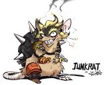  animalization artist_request blonde_hair commentary_request eyebrows fire gloves junkrat_(overwatch) mechanical_arm overwatch peg_leg rat short_hair teeth thick_eyebrows 