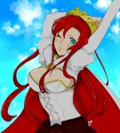  1girl artist_request blush boudica_(fate/grand_order) breasts cape cleavage crown fate/grand_order fate_(series) green_eyes juliet_sleeves long_hair long_sleeves puffy_sleeves redhead solo 