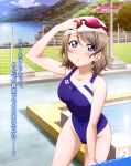  1girl absurdres artist_request blue_eyes breasts brown_hair competition_swimsuit goggles goggles_on_head highres love_live! love_live!_sunshine!! official_art one-piece_swimsuit poolside short_hair solo swim_cap swimsuit translation_request watanabe_you 