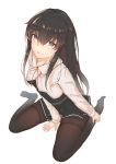  1girl absurdres asashio_(kantai_collection) between_legs black_hair black_legwear blouse blue_eyes foodtoyc from_above full_body hair_between_eyes hand_between_legs hand_on_ankle hand_on_leg highres kantai_collection long_hair looking_at_viewer miniskirt pleated_skirt remodel_(kantai_collection) school_uniform sitting skirt smile solo white_background white_blouse 