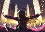  1girl berabou blonde_hair bloom bow cityscape dress from_behind hat juliet_sleeves long_hair long_sleeves maribel_hearn mob_cap night night_sky outstretched_arms puffy_sleeves purple_dress sash sky solo star_(sky) starry_sky touhou upper_body white_bow 