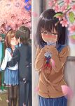  1boy 2girls black_hair blue_eyes blurry blush brown_hair cardigan cherry_blossoms clenched_teeth closed_eyes couple crying depth_of_field female gurande_(g-size) hetero hiding highres incipient_kiss letter long_hair love_letter male multiple_girls original pantyhose petals ponytail runny_nose sad school_uniform short_hair tears teeth 