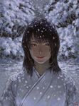  1girl 2016 absurdres artist_name asian brown_eyes brown_hair closed_mouth dated highres looking_at_viewer number original outdoors realistic snow snowing solo upper_body zennosuke 
