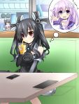  bare_shoulders black_hair blush breasts d-pad drink drinking_straw gloves hair_ornament highres long_hair multiple_girls nepgear neptune_(choujigen_game_neptune) neptune_(series) noire open_mouth purple_hair red_eyes smile uni_(choujigen_game_neptune) violet_eyes warabi_mochi_(ehimedaisuki) 