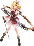  1girl arrow blonde_hair boots bow bow_(weapon) bowtie breasts cleavage dress eros_(phantom_of_the_kill) feathers full_body hair_ornament hairclip large_breasts long_hair official_art phantom_of_the_kill red_eyes simple_background solo weapon white_background 