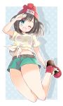  1girl ;d bangs bare_arms bare_legs beanie belt belt_buckle black_hair blue_eyes blush bracelet breasts buckle eyebrows eyebrows_visible_through_hair eyelashes female_protagonist_(pokemon_sm) floral_print from_below full_body green_shorts hat jewelry looking_at_viewer looking_down medium_breasts navel one_eye_closed open_mouth outline outside_border panties pantyshot pokemon pokemon_(game) pokemon_sm polka_dot polka_dot_background print_shirt red_hat red_shoes salute shadow shirt shoes short_hair short_sleeves shorts smile solo stigma1101 stomach t-shirt tied_shirt underwear upshorts upskirt white_panties 