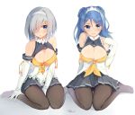  2girls alternate_costume bare_shoulders black_legwear blue_eyes blue_hair breasts cleavage commentary_request elbow_gloves eyebrows eyebrows_visible_through_hair gloves hair_ornament hair_over_one_eye hairband hairclip hamakaze_(kantai_collection) highres kantai_collection large_breasts long_hair looking_at_viewer multiple_girls necktie pantyhose pleated_skirt short_hair silver_hair simple_background sitting skirt tebi_(tbd11) urakaze_(kantai_collection) wariza white_background white_gloves yellow_necktie 