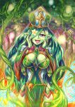  1girl :d armadel_(p&amp;d) belt breasts chain_belt cleavage dashinoya dress eyelashes fire flower_eyepatch forest gem green_skin hair_over_one_eye hands_on_own_face hat keyhole long_hair magic_circle medium_breasts nature open_mouth plant pointy_ears puzzle_&amp;_dragons smile solo very_long_hair vines violet_eyes wheat wide_sleeves 