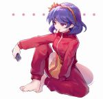  1girl ainy77 bangs barefoot controller food_in_mouth full_body hair_ornament leaf_hair_ornament mouth_hold pants potato_chips purple_hair red_eyes remote_control short_hair solo sportswear touhou track_pants track_suit yasaka_kanako zipper 