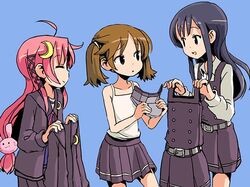  3girls adrian_ferrer ahoge asashio_(kantai_collection) brown_hair bunny_hair_ornament closed_eyes crescent crescent_hair_ornament flat_chest hair_ornament hair_tie hat hat_removed headwear_removed kantai_collection long_hair multiple_girls open_mouth pink_hair pleated_skirt remodel_(kantai_collection) ryuujou_(kantai_collection) school_uniform skirt smile tank_top twintails undershirt uzuki_(kantai_collection) visor_cap 