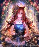  1girl bare_shoulders black_dress blue_rose bride brown_hair ceres_(shingeki_no_bahamut) company_name dress earrings facial_scar flower glint gloves hair_flower hair_ornament head_tilt highres holding holding_flower jewelry lace_gloves looking_at_viewer necklace official_art okada_manabi parted_lips red_rose rose scar shingeki_no_bahamut shirt sleeveless sleeveless_shirt smile solo stained_glass violet_eyes watermark 