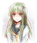  1girl alternate_costume blush commentary crying crying_with_eyes_open frog_hair_ornament green_eyes green_hair hair_ornament kochiya_sanae long_hair long_sleeves looking_at_viewer neckerchief nose_blush school_uniform serafuku sidelocks snake_hair_ornament solo tears touhou upper_body yuli_(yulipo) 