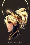  1girl artist_request blonde_hair bodysuit english highres long_eyelashes long_hair mercy_(overwatch) overwatch ponytail profile solo text 