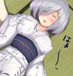  1girl adapted_costume alternate_costume aono_(f_i_s) breasts closed_eyes commentary_request drunk eyebrows eyebrows_visible_through_hair eyes_visible_through_hair hair_ornament hairclip hamakaze_(kantai_collection) highres japanese_clothes kantai_collection kimono large_breasts obi sash short_hair silver_hair solo tatami yukata 