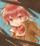  1girl blue_background iria_animi jacket looking_at_viewer nari_hibiki red_eyes redhead scarf short_hair solo tales_of_(series) tales_of_innocence twitter_username upper_body 
