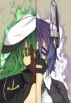  2girls aura black_gloves breasts brown_gloves cape checkered checkered_necktie commentary_request double_eyepatch eyepatch fingerless_gloves gloves green_hair hand_on_own_face hat headgear highres kantai_collection kiso_(kantai_collection) large_breasts long_hair multiple_girls nanao_(aoyamahikari) necktie pauldrons purple_hair remodel_(kantai_collection) sailor_hat school_uniform serafuku short_hair tenryuu_(kantai_collection) 