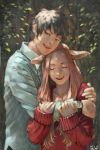  1boy 1girl 2016 :d absurdres animal_ears arm_grab artist_name bangs black_hair blue_shirt closed_eyes couple dated highres hug long_hair looking_at_viewer number open_mouth original parted_bangs plant red_sweater shirt short_hair smile upper_body vines watch watch zennosuke 