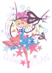  1girl absurdres american_flag_dress american_flag_legwear blonde_hair character_name clownpiece clownpiece_(cosplay) fang flandre_scarlet full_body gla hair_between_eyes hat heart highres jester_cap laevatein looking_at_viewer open_mouth pantyhose polka_dot red_eyes red_shoes shoes short_sleeves simple_background smile solo standing standing_on_one_leg star star_print striped touhou wings 