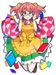  1girl :o adjusting_glasses apron bell black-framed_eyewear blush book checkered_shirt commentary_request glasses hair_bell hair_ornament ishimu japanese_clothes jingle_bell kimono looking_at_viewer motoori_kosuzu red_eyes redhead semi-rimless_glasses shirt short_hair solo touhou triangle_mouth two_side_up under-rim_glasses wide_sleeves 