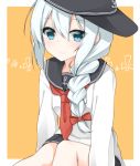  1girl alternate_hairstyle anchor_symbol blue_eyes braid commentary_request eyebrows eyebrows_visible_through_hair hair_over_shoulder hat hibiki_(kantai_collection) kantai_collection light_smile long_hair looking_at_viewer necktie rateratte red_necktie school_uniform serafuku silver_hair single_braid solo upper_body 