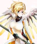  1girl bangs blonde_hair blue_eyes bodysuit breasts holding holding_staff holding_weapon large_breasts long_hair looking_at_viewer mechanical_halo mechanical_wings mercy_(overwatch) overwatch ponytail smile solo staff upper_body weapon wings 