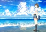  1girl arms_behind_back bangs bare_arms beach bird black_legwear black_shoes blue_skirt blue_sky breasts brown_eyes brown_hair clouds cloudy_sky day eyebrows eyebrows_visible_through_hair from_behind highres horizon key_kun kneehighs looking_at_viewer looking_back medium_breasts ocean original outdoors own_hands_together parted_lips pleated_skirt reflection school_uniform serafuku shoes short_hair short_sleeves skirt skirt_tug sky solo standing water waves wind wind_lift 