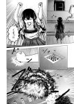  1girl akagi_(kantai_collection) bangs bomber_grape building buttons chair closed_eyes comic desk explosion hakama highres japanese_clothes kantai_collection long_hair monochrome muneate open_mouth standing tasuki thigh-highs translated tree window 