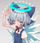  +_+ 1girl blue_dress blue_eyes blue_hair chromatic_aberration cirno dress fang from_above gradient gradient_background grey_background hair_ribbon halo ice ice_wings looking_at_viewer marimo_tarou open_mouth puffy_sleeves ribbon short_hair short_sleeves solo star touhou upper_body wings 