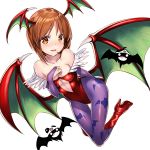  1girl bare_shoulders bat bat_print bat_wings blood blush boots breasts bridal_gauntlets cleavage cosplay demon_girl girls_und_panzer head_wings high_heel_boots high_heels kyon_(fuuran) leotard lilith_aensland lilith_aensland_(cosplay) looking_at_viewer nishizumi_miho nosebleed object_on_head open_mouth panties panties_on_head pantyhose print_legwear purple_legwear short_hair silhouette_demon simple_background solo succubus underwear white_background wings 