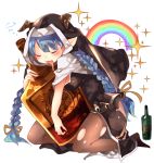  1girl :3 alcohol blue_hair blush bottle breasts closed_eyes glass_bottle granblue_fantasy habit horns long_hair nun open_mouth pantyhose pointy_ears rainbow rumredda simple_background solo sparkle sweetroad torn_clothes torn_pantyhose twintails very_long_hair white_background 