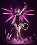  1girl alternate_costume arm_up bodysuit breasts dark_persona demon_horns demon_tail devil_mercy facial_mark faulds forehead_mark full_body gloves glowing highres holding_staff horns light_particles lips lipstick makeup mechanical_halo mechanical_wings mercy_(overwatch) nastassia_wallace outstretched_arm overwatch purple_background purple_hair purple_lipstick purple_wings short_hair small_breasts smile solo spread_wings staff standing tail violet_eyes wings 
