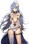  1girl 2016 ahoge bare_shoulders blue_eyes blue_hair breast_suppress breasts breasts_apart closed_mouth company_name english erakis facial_mark flower frown hair_between_eyes hair_flower hair_ornament hand_on_own_chest head_tilt highres leenim long_hair looking_at_viewer number simple_background solo thigh_strap triangle very_long_hair watermark white_background 
