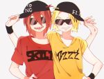  2boys baseball_cap blonde_hair boku_no_hero_academia hand_on_hip hat kaminari_denki kirishima_eijirou male_focus multiple_boys redhead shirt sideways_hat smile sunglasses t-shirt upper_body wristband 