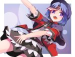  1girl adapted_costume alternate_costume belt blue_eyes blue_hair blush capelet dutch_angle fang hasebe_yuusaku jiangshi looking_to_the_side miyako_yoshika ofuda open_mouth outstretched_arms shirt short_hair short_sleeves skirt smile solo touhou zombie_pose 