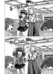  1boy 4girls admiral_(kantai_collection) bomber_grape bookshelf comic dancing hair_ribbon hakama hand_up hat highres hiryuu_(kantai_collection) holding_microphone jacket japanese_clothes jun&#039;you_(kantai_collection) kantai_collection kariginu magatama microphone military military_hat military_uniform monochrome multiple_girls open_mouth opening_door pleated_skirt ribbon ryuujou_(kantai_collection) side_ponytail skirt smile souryuu_(kantai_collection) spiky_hair sweat translated twintails uniform visor_cap wide-eyed 