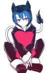  1girl alternate_costume blue_eyes blue_hair blush doremy_sweet full_body head_tilt hooded kuroba_rapid looking_at_viewer pajamas pillow pillow_hug short_hair simple_background sitting smile solo tail touhou white_background 