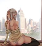  1girl arm_support ass black_legwear blurry cityscape depth_of_field from_behind indoors light_brown_hair long_hair looking_at_viewer original panties pointy_ears red_eyes shiraha_(pixiv10239953) sitting solo thigh-highs thighs underwear white_panties window yokozuwari 