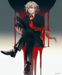  1boy edmond_dantes_(fate/grand_order) fate/grand_order fate_(series) fedora formal hat highres necktie red_eyes sasamura_(_pios) short_hair silver_hair sitting smile solo suit wavy_hair 