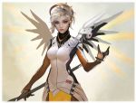  1girl blonde_hair blue_eyes bodysuit breasts eyelashes frostce gloves high_ponytail highres holding_staff lips looking_at_viewer mechanical_halo mechanical_wings medium_breasts mercy_(overwatch) nose outstretched_hand overwatch pantyhose parted_lips ponytail solo staff upper_body wings 