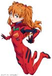  &gt;:o 1girl :o armpits artist_name arumi_(arumi-ke) bangs blue_eyes bodysuit bracer breasts dated from_side full_body gloves hair_between_eyes headgear kneeling legs_together long_hair looking_at_viewer looking_back neon_genesis_evangelion number open_mouth orange_hair pilot_suit plugsuit simple_background small_breasts solo souryuu_asuka_langley turtleneck two_side_up white_background 