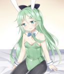  1girl animal_ears black_legwear bow bowtie bunnysuit detached_collar green_eyes green_hair highres kantai_collection long_hair looking_at_viewer open_mouth pantyhose ponytail rabbit_ears re-arusu sitting wrist_cuffs yamakaze_(kantai_collection) 