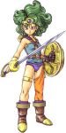  1girl asymmetrical_legwear big_hair blue_eyes boots curly_hair dragon_quest dragon_quest_ii earrings full_body green_hair heroine_(dq4) highres holding jewelry looking_at_viewer official_art serious shield simple_background single_glove sleeveless solo sword thigh_strap toriyama_akira weapon white_background 