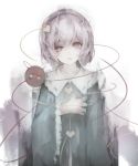  1girl eyeball gyup91 hairband hand_on_own_chest heart heart-shaped_pupils komeiji_satori lavender_hair long_sleeves looking_at_viewer open_mouth red_eyes shirt short_hair solo string symbol-shaped_pupils third_eye touhou upper_body wide_sleeves 